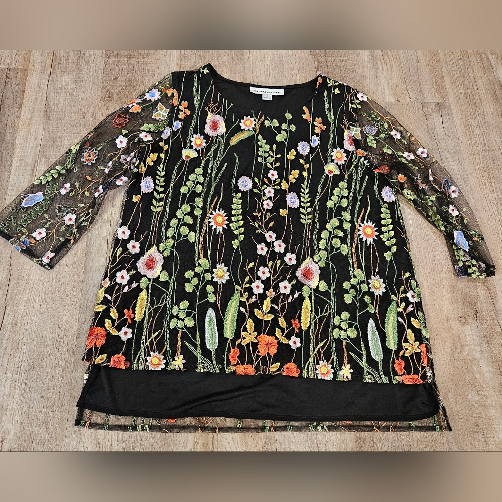 Gorgeous‎ Caroline Rose Embroidered Dressy Tunic Top 3/4 length sleeve size S